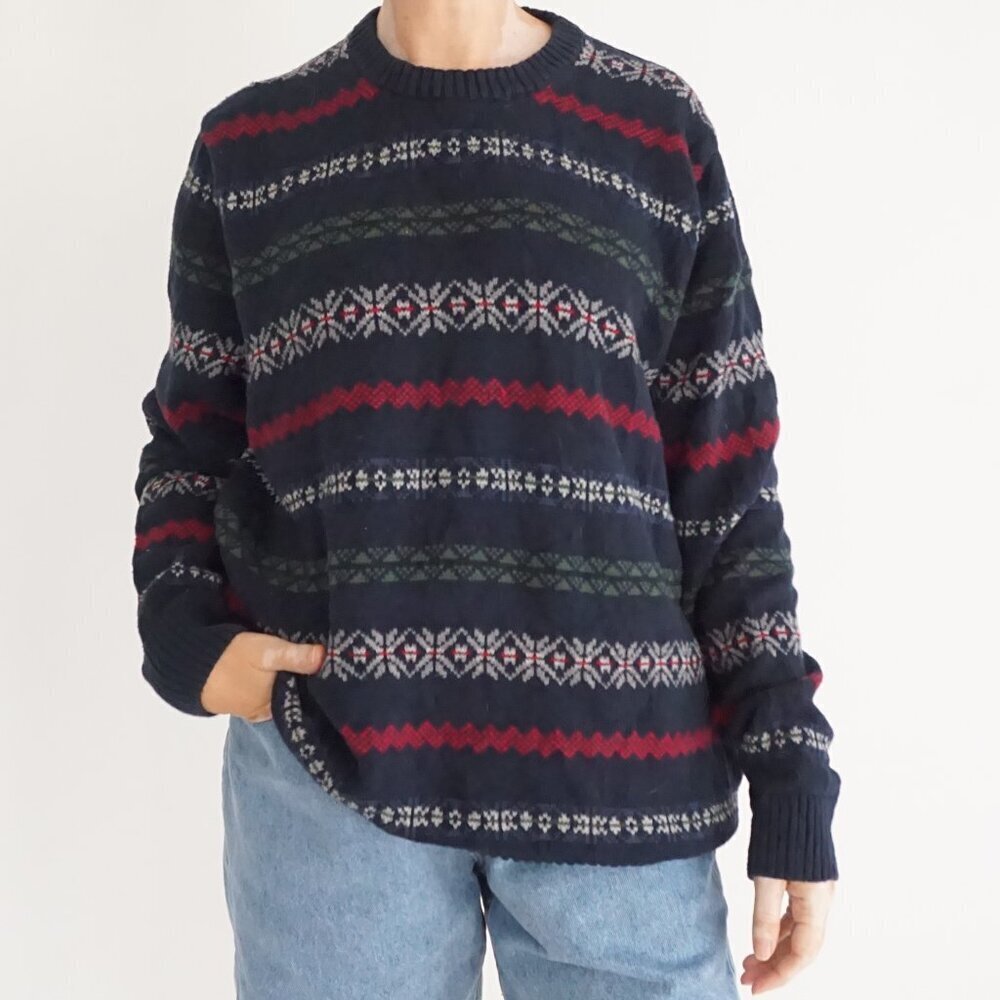 Vintage Croft Barrow Navy Fair Isle Stripe Grandpa Knit Preppy Sweater L
